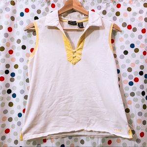 White IZOD collared tank with yellow trim